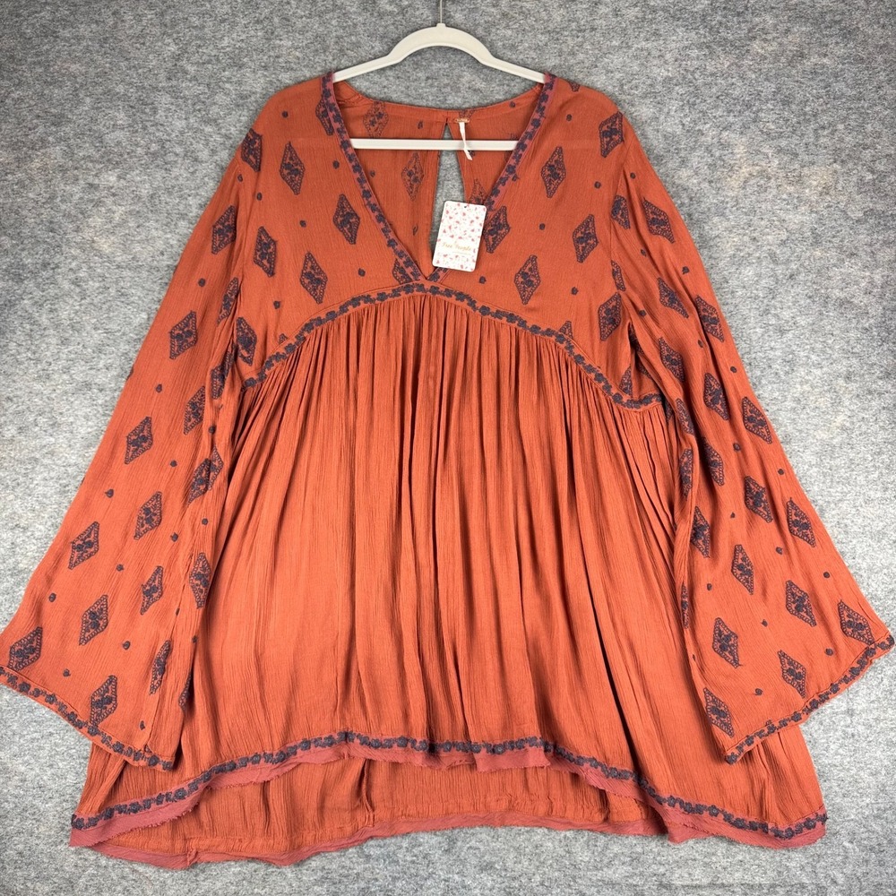 Free People Diamond Embroidered Tunic Top Cinnamon Boho Bell Sleeve Womens L